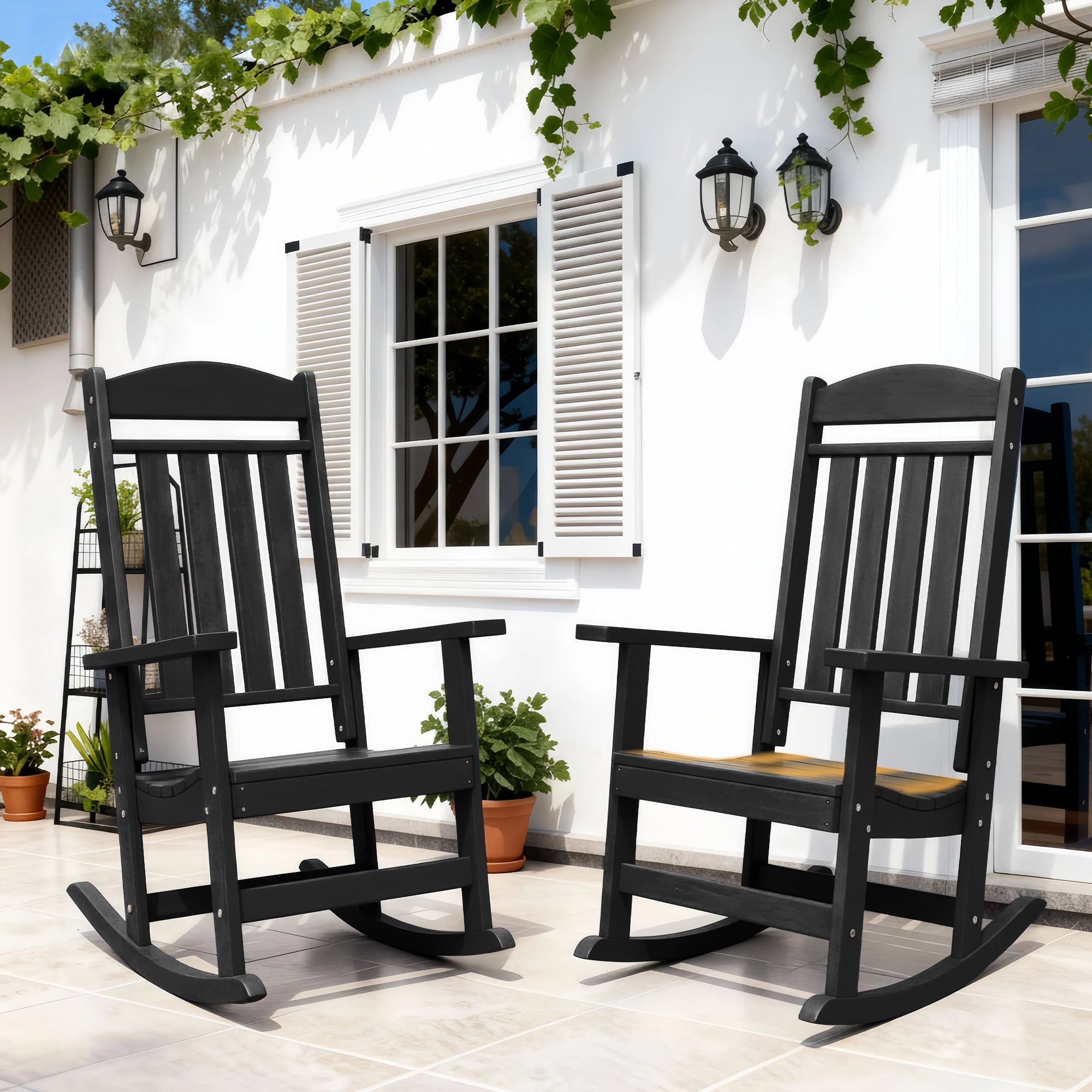 Walmart Deal of Walmart Black Friday Deals 2025 FOOWIN Patio Slat Rocking Chair Set of 2, All-Weather HDPE Porch Rocker, Black, Weather-Resistant Material, Ergonomic