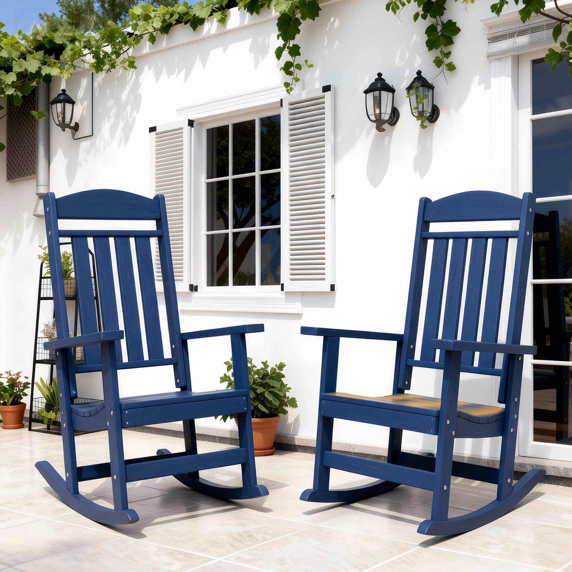 FOOWIN Patio Rocking Chair Set, Navy Blue, Oversized Ergonomic HDPE Design, Weather Resistant