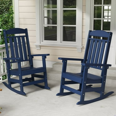 Patio Slat Rocking Chair Set of 2, HDPE Plastic Weather Resistant Porch Rocker, Navy Blue