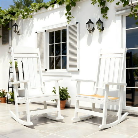 Patio Slat Rocking Chair Set of 2, HDPE Plastic Weather Resistant Porch Rocker,White