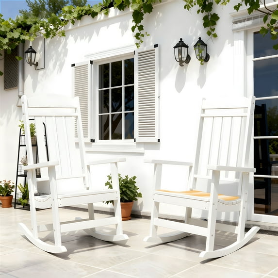 Patio Slat Rocking Chair Set of 2, HDPE Plastic Weather Resistant Porch Rocker,White