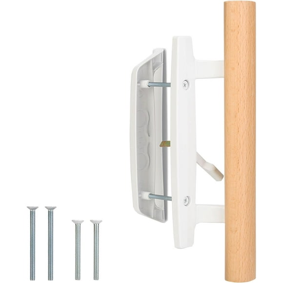 Patio Sliding Door Handles Replacement Set,Mortise Style Reversible Design Non-keyed Sliding Patio Glass Door Handles with Wood Handle,White Diec