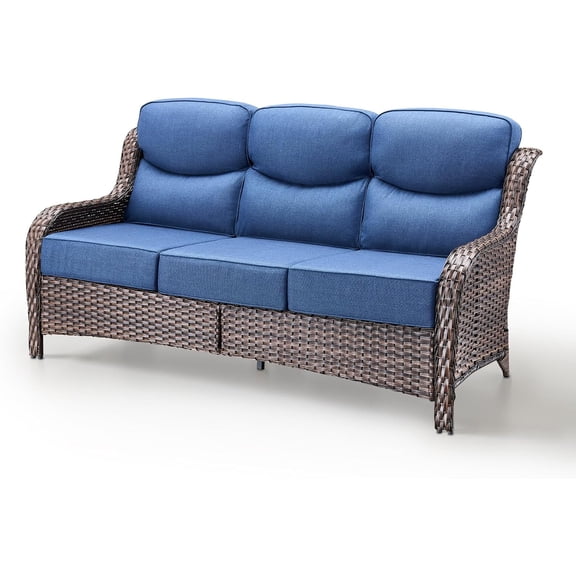 Patio Sofa 3-Seat Wicker Couch with 6" Thick Cushion - Outdoor Furniture Rattan Sofa with Deep Seating High Back Outdoor Sofa for Patio Garden Balcony Sunroom Backyard, Brown | Blue