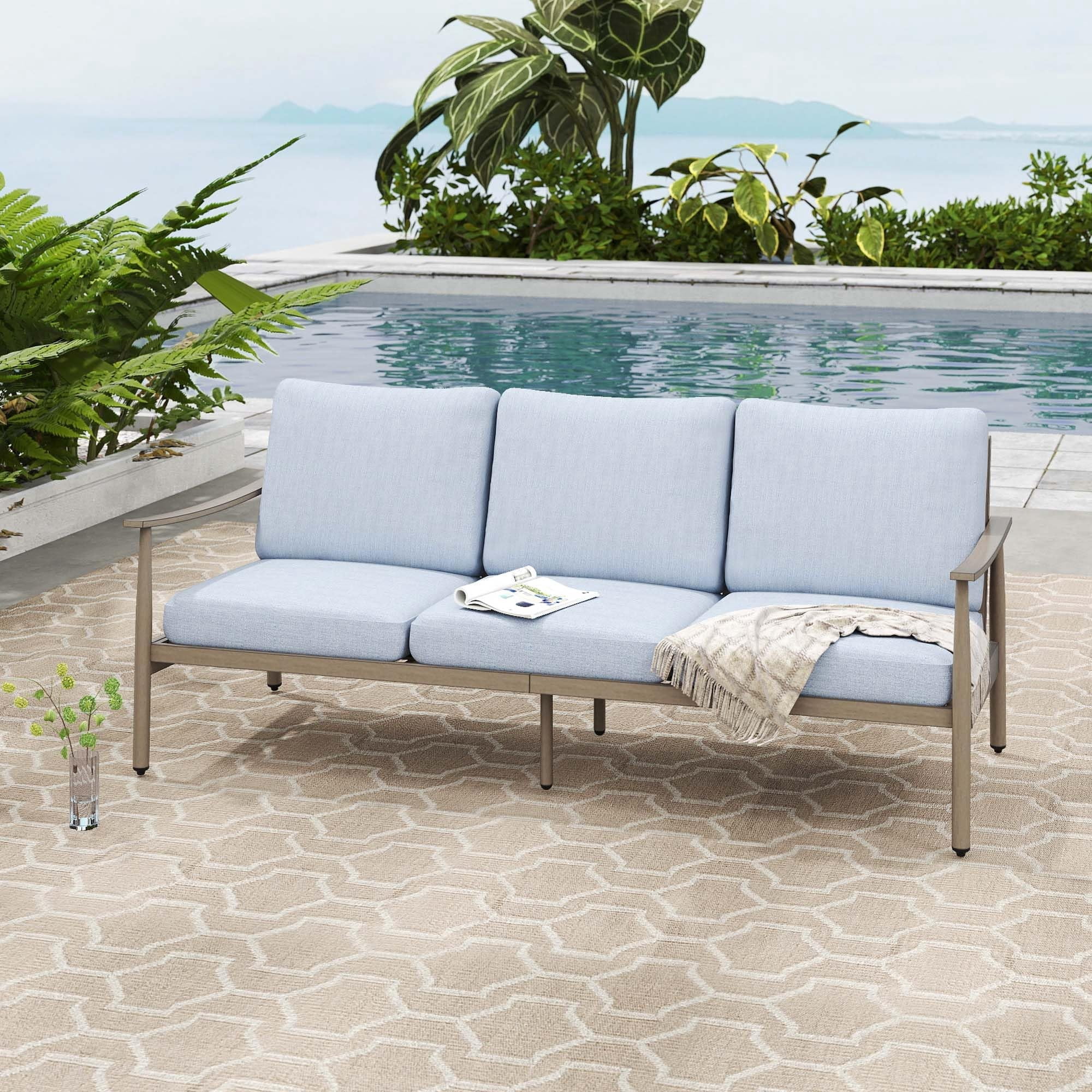 Patio Sofa 3 Seater Outdoor Aluminum Couch with Rope Backrest Thick Cushion All Weather Patio Furniture for Deck Backyard Porch, Blue