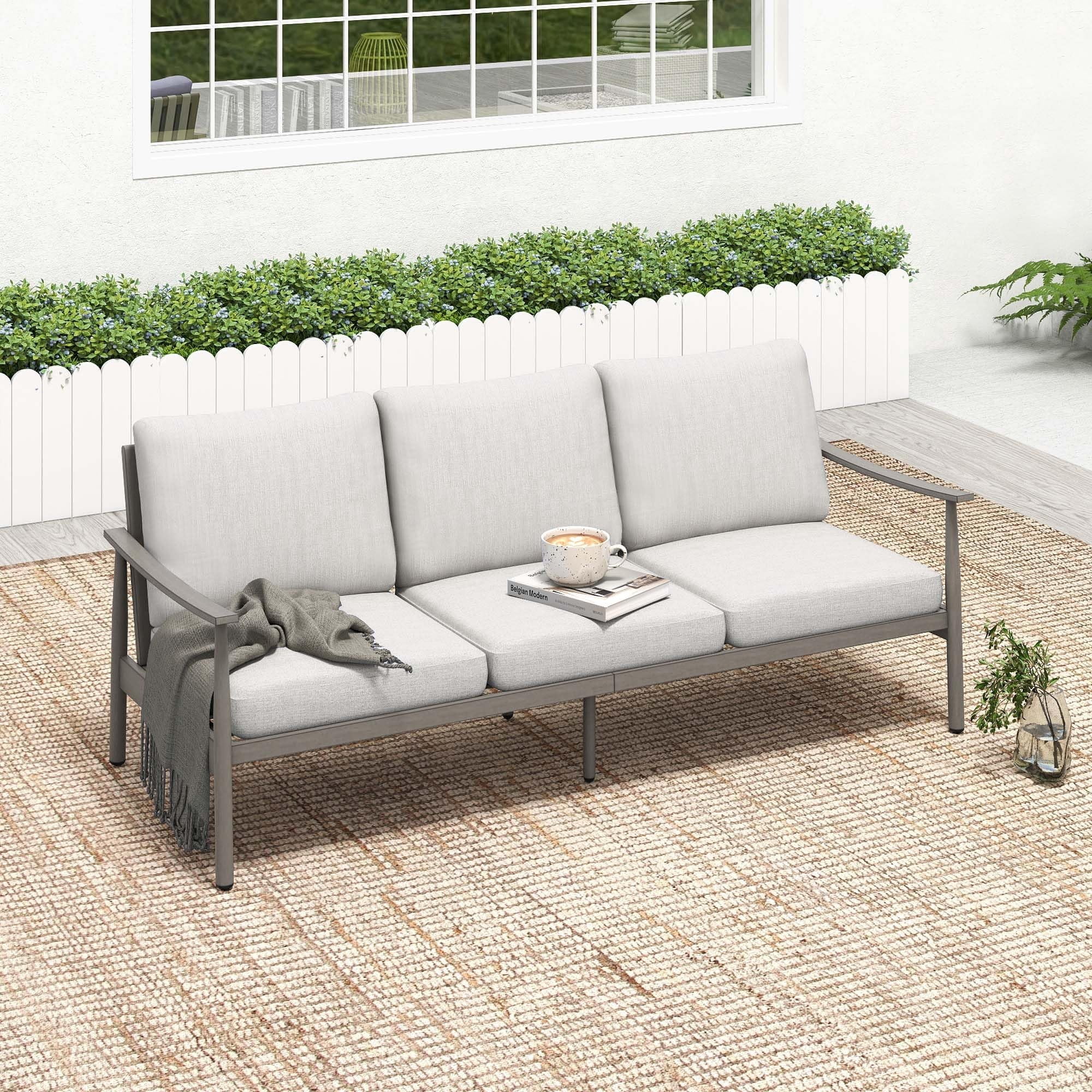 Patio Sofa 3 Seater Outdoor Aluminum Couch with Rope Backrest Thick Cushion All Weather Patio Furniture for Deck Backyard Porch, Gray