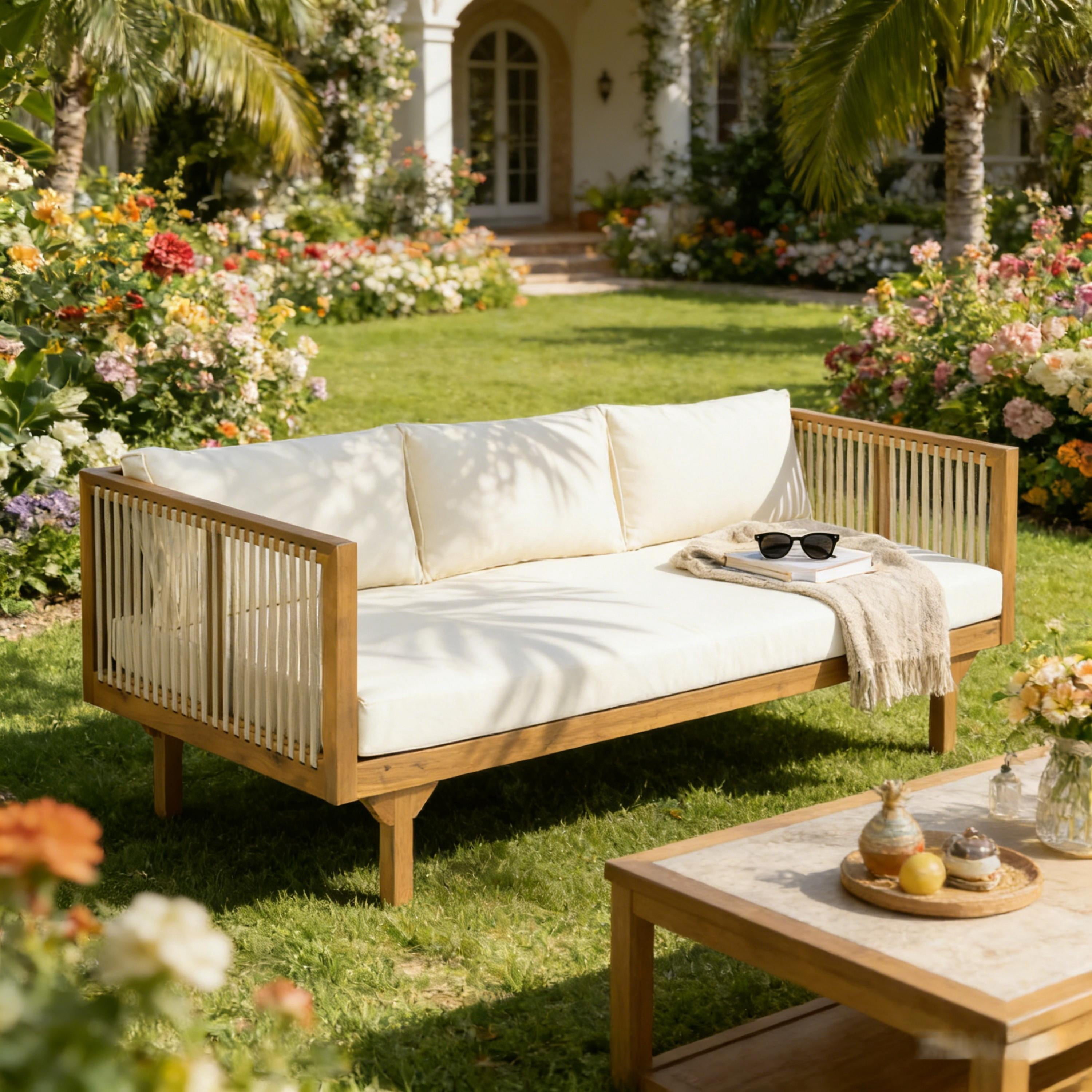 Patio Sofa, Outdoor Beige Cushions Sofa with Light Brown Rope Acacia Wood for Garden Deck, Teak