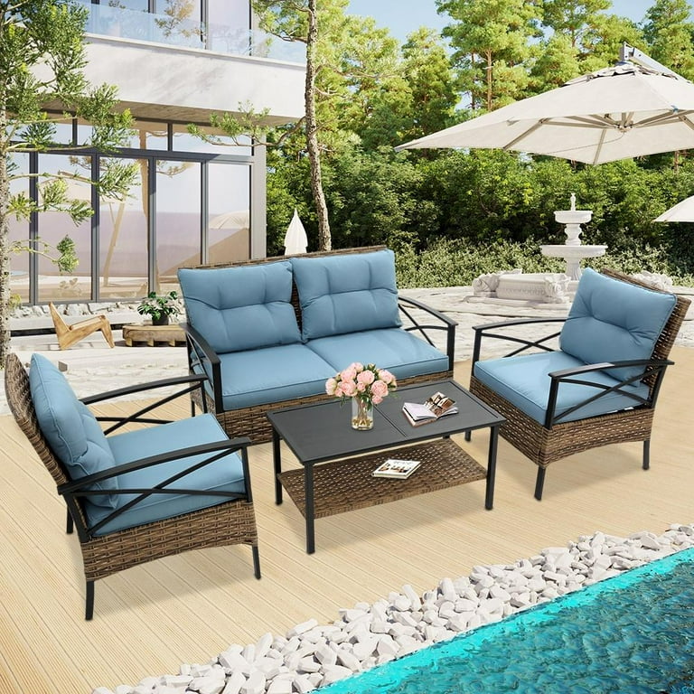 Patio Sofa Set 4 Pieces Outdoor Sectional Furniture All Weather PE Rattan Wicker Patio Conversation Set Cushioned Sofa Set with Coffee Table for