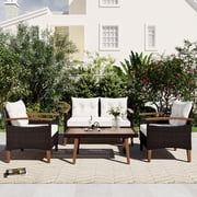 Patio Sofa Set, 4 Pieces Outdoor Sectional Furniture, All-Weather PE Rattan Wicker Patio Conversation Set, Cushioned Sofa Set with Coffee Table for Patio Garden Poolside Deck