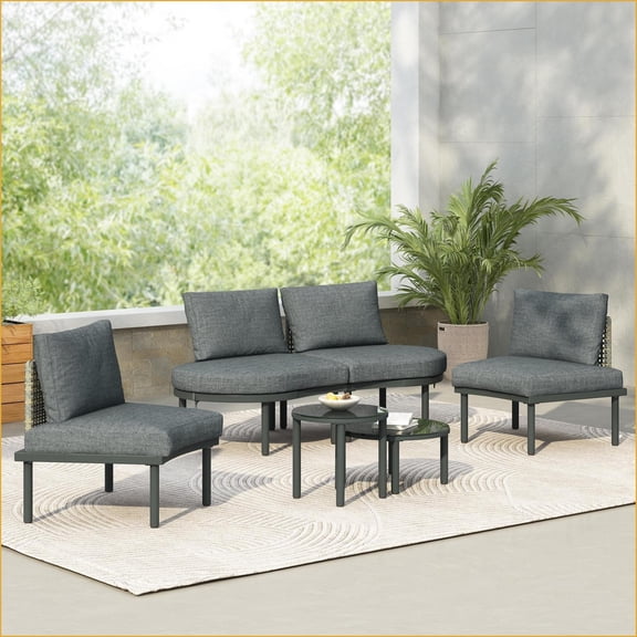 Patio Sofa Set, 6-Piece Modular Half-Moon Outdoor Sectional with 2 High-Low Coffee Tables, PE Wicker Aluminum Frame, Gray | Light Gray Rattan, Dark Gray Cushions