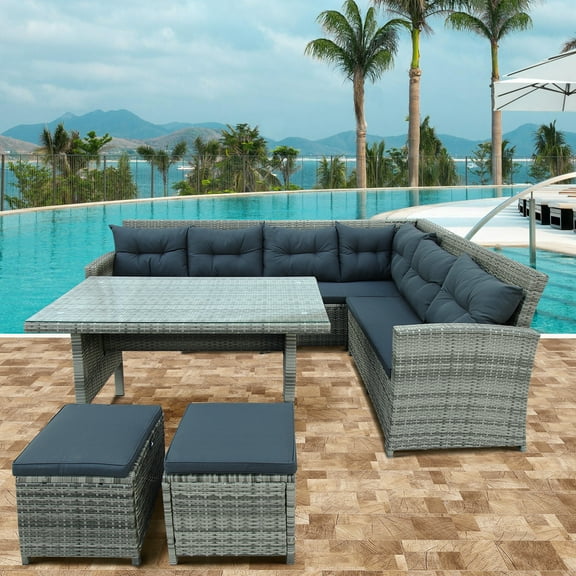 SYNGAR Patio Sofa Set, 6 Pieces Outdoor Sectional Furniture Set, All-Weather PE Rattan Wicker Patio Conversation Set with Coffee Table and Cushioned Sofa for Garden Deck Backyard, Gray, LJ3680
