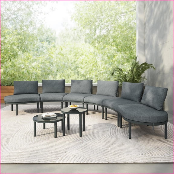 Patio Sofa Set, 8-Piece Half Moon Outdoor Sectional with 2 High-Low Tables, PE Wicker Aluminum Frame | Light Gray;Dark Gray | Aluminum,Rattan+Waterproof Fabric