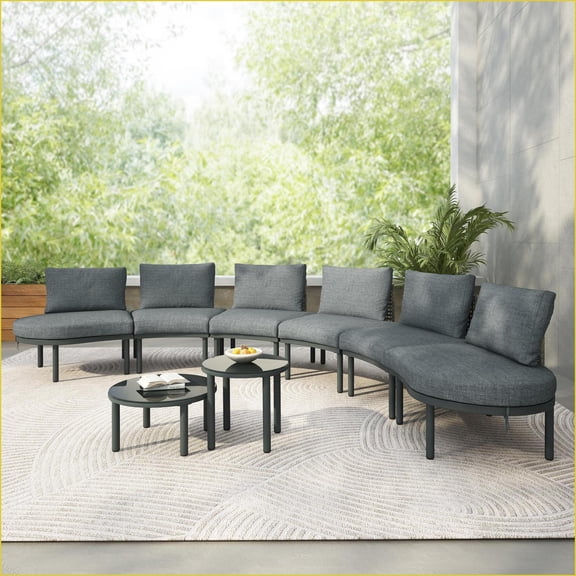 Patio Sofa Set 8-Piece Half Moon Sectional with 2 High-Low Coffee Tables, PE Wicker, Removable Cushions for Backyard Poolside | Dark Gray | Light Gray | Aluminum