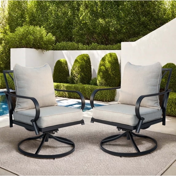 Patio Sofa Set of 2, Swivel Chairs with Cushions, Outdoor Dining Armchairs for Porch, Deck & Garden, Beige