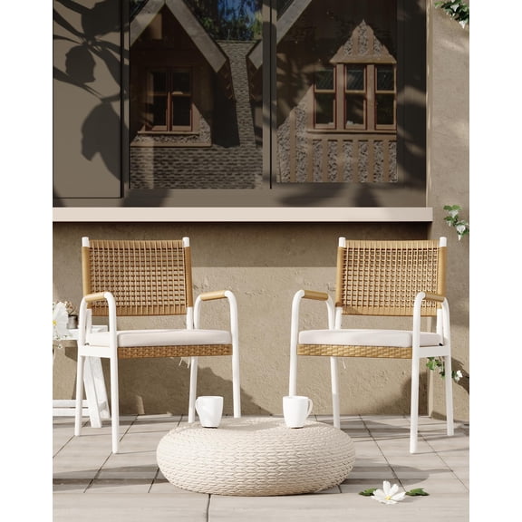 Patio Stackable Outdoor Dining Chairs Set – Breathable Textilene & Polyrattan Wicker, Heavy Duty White Metal Frame, Cushions Included – Weatherproof Garden, Deck, Balcony Seating