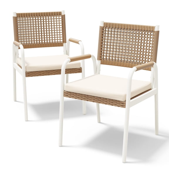 Patio Stackable Outdoor Dining Chairs Set – Breathable Textilene & Polyrattan Wicker, Heavy Duty White Metal Frame, Cushions Included – Weatherproof Garden, Deck, Balcony Seating