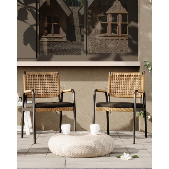 Patio Stackable Outdoor Dining Chairs Set – Breathable Textilene & Polyrattan Wicker, Heavy Duty White Metal Frame, Cushions Included – Weatherproof Garden, Deck, Balcony Seating
