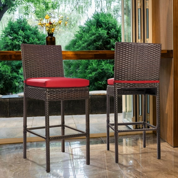 Patio Stools & Bar Chairs Outdoor Wicker Bar Stools Set of 2 Counter Height Bar Stools Patio Chairs Bar Height with Footrest Armless Cushion Red All Weather Rattan for Garden Pool Lawn Backyard