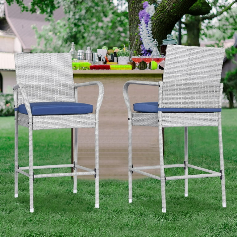 Outdoor Wicker Bar Stools Set of 2, Counter Height with Footrest
