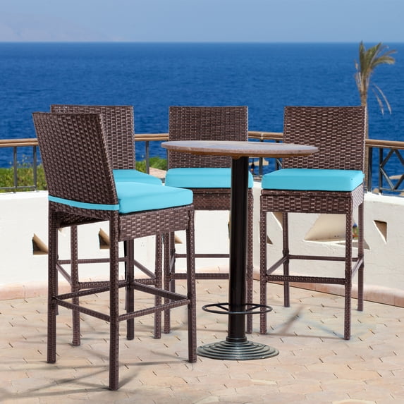 Patio Stools & Bar Chairs Outdoor Wicker Bar Stools Set of 4 Bar Height Chairs High Back with Footrest Armless Cushion Blue All Weather Patio Seating for Garden Pool Lawn Backyard