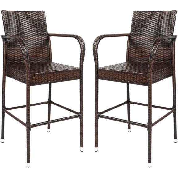 Patio Stools & Bar Chairs Set of 2, Wicker Barstools Indoor Outdoor Bar Height Chairs with Footrest and Armrest, All-Weather Patio Seating for Garden Pool Lawn Backyard (Brown)