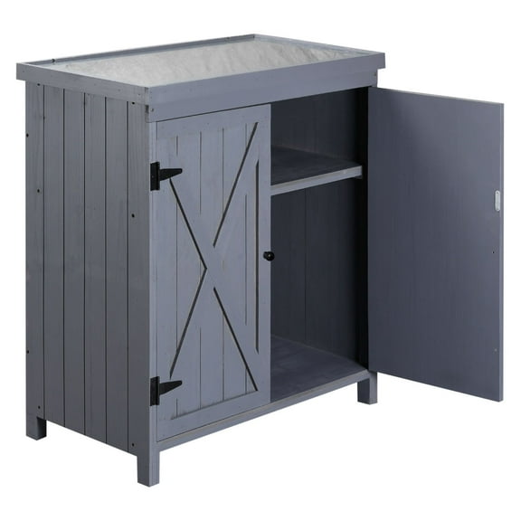Patio Storage Cabinet - Outdoor Tool Shed, Galvanized Top, Rust-Proof, Double Door, Elevated Feet, 31.5" W x 17.75" D x 36.25" H, Grey