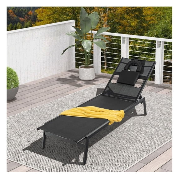 Patio Sunbathing Lounge Chair, 5-Position Adjustable Tanning Chair with Pillows, Metal Frame Outdoor Chaise for Backyard, Poolside, Black