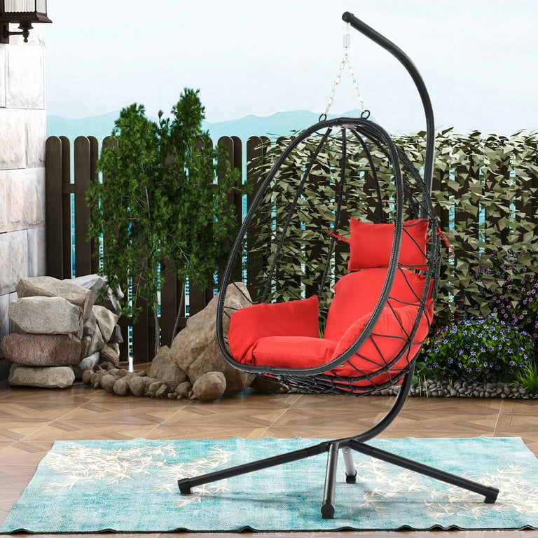Patio Swing Chair, Outdoor PE Wicker Hanging Egg Chair with Metal