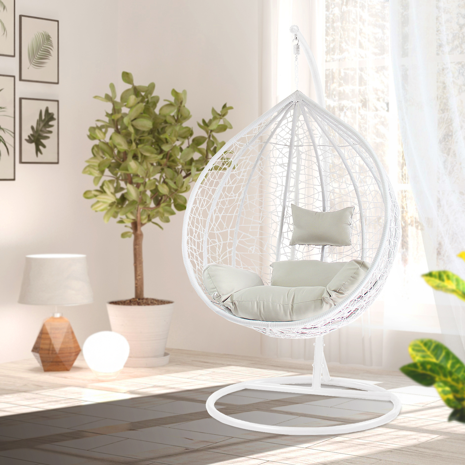 Patio Swing Chair Outdoor Wicker Tear Drop with Gray Cushion Snow White Living Room - image 1 of 8