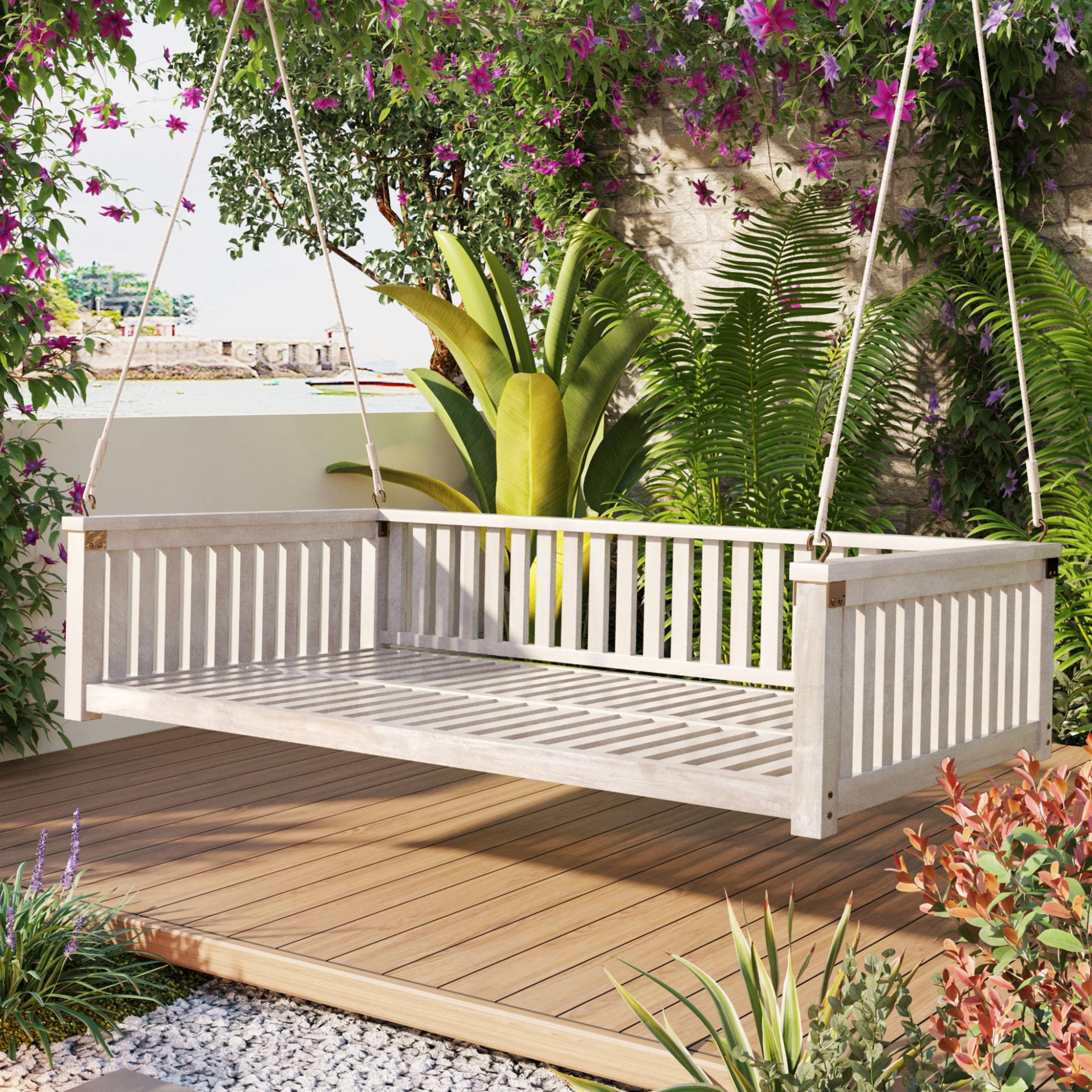 Patio Swing Twin Size, Wooden Porch Bed Swing with Ropes for Garden ...