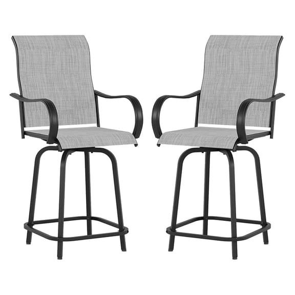 Patio Swivel Bar Stools Set of 2 - Outdoor Bar Height Chairs with High Back and Armrest for Deck, Pool, Garden, Backyard - All-Weather Metal Frame Textilene Fabric, Grey