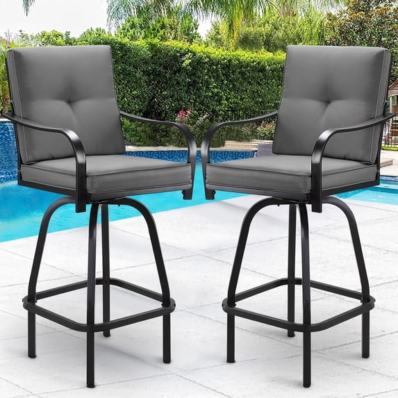 Patio Swivel Bar Stools Set of 2, Outdoor Bar Height Patio Swivel Chairs with Cushion for Garden Balcony Backyard (Gray)