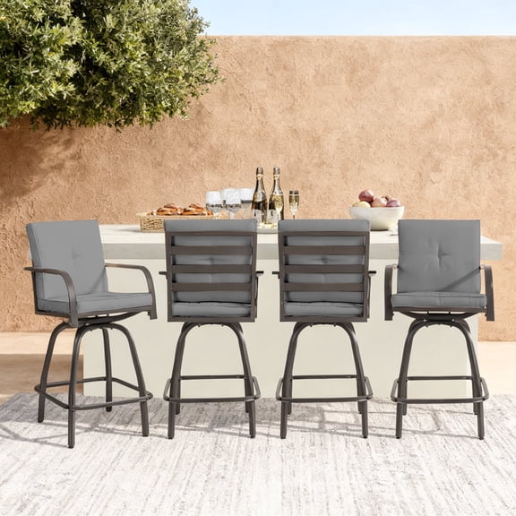 Patio Swivel Bar Stools Set of 4, Outdoor Bar Height Patio Swivel Chairs with Cushion for Garden Balcony Backyard (Gray)