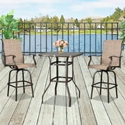 Patio Swivel Bistro Set, 3 Piece Outdoor Bar Table and Stools Set, 2 Patio Swivel Bar Chairs with 1 High Glass Top Table, All Weather Metal Frame Furniture Set for Garden Yard Balcony Pool Cafe, B04