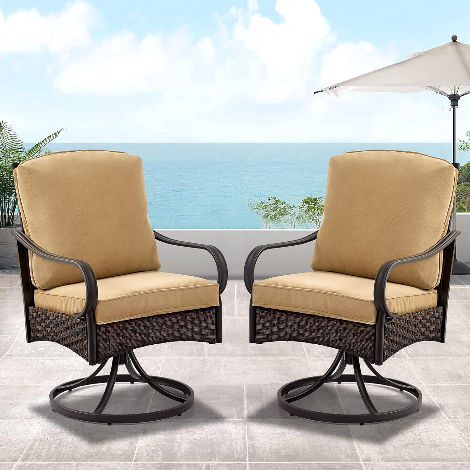 Patio Swivel Chairs Set of 2, Outdoor Swivel Chairs with Cushion, Patio Dining Chairs for Garden, Patio, Backyard and Balcony, Khaki