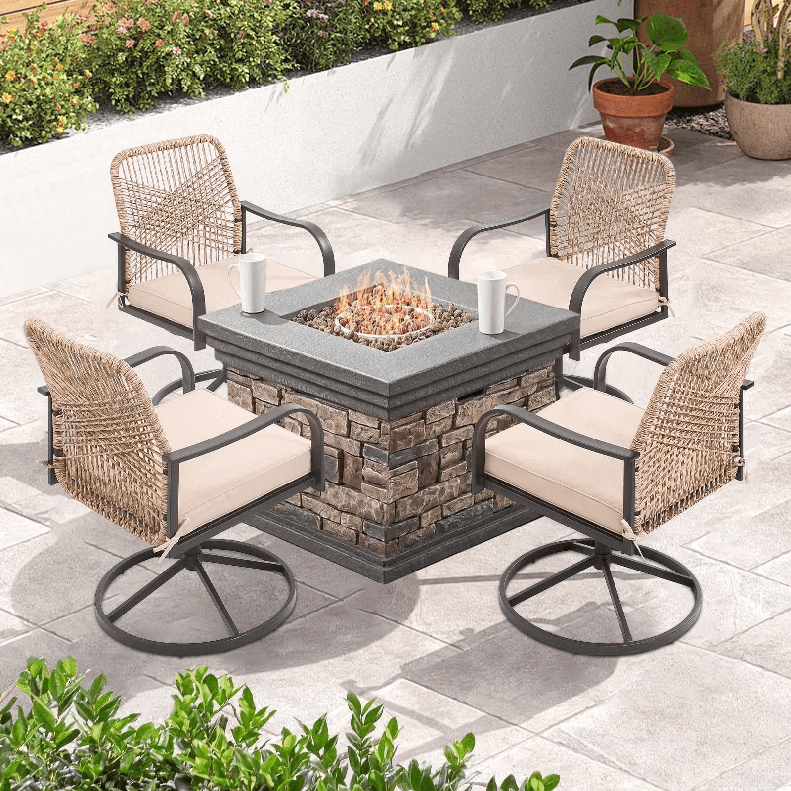 Patio Swivel Chairs Set of 4, Wicker Patio Dining Chair with Cushions and Metal Frame, Swivel Rocker Chair for Outside,Poolside,Lawn (Brown)
