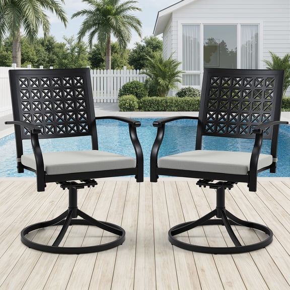 U-HOMY 2-Piece Outdoor Swivel Dining Chair Set with Cushions and Armrests, Metal Patio Seating for Garden Backyard Pool