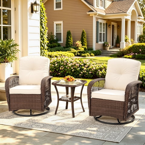 Patio Swivel Rocker Bistro Set, 3 Piece 360° Rocking Patio Conversation Set with Thickened Cushions, 2 Patio Swivel Rocking Chairs with 1 Glass Top Table, for Garden Yard Balcony Pool Cafe (Beige)