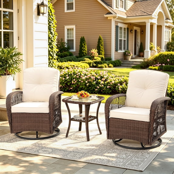 Patio Swivel Rocker Bistro Set, 3 Piece 360° Rocking Patio Conversation Set with Thickened Cushions, 2 Patio Swivel Rocking Chairs with 1 Glass Top Table, for Garden Yard Balcony Pool Cafe (Beige)