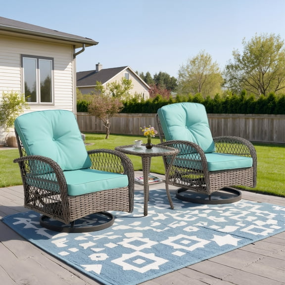 Patio Swivel Rocker Bistro Set, 3 Piece 360° Rocking Patio Conversation Set with Thickened Cushions, 2 Patio Swivel Rocking Chairs with 1 Glass Top Table, for Garden Yard Balcony Pool Cafe (Blue)