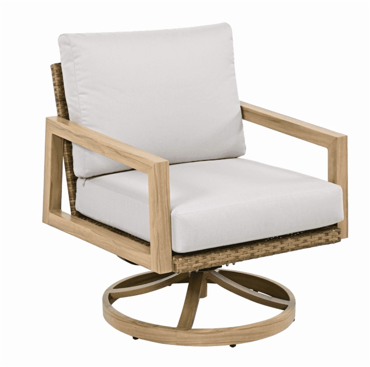 Patio Swivel Sofas Chair, Outdoor Wicker Lounge Chair with 5.1" Cushion, 360° Swivel, Woodgrain Finish Aluminum Frame for Porch Deck Backyard, Beige