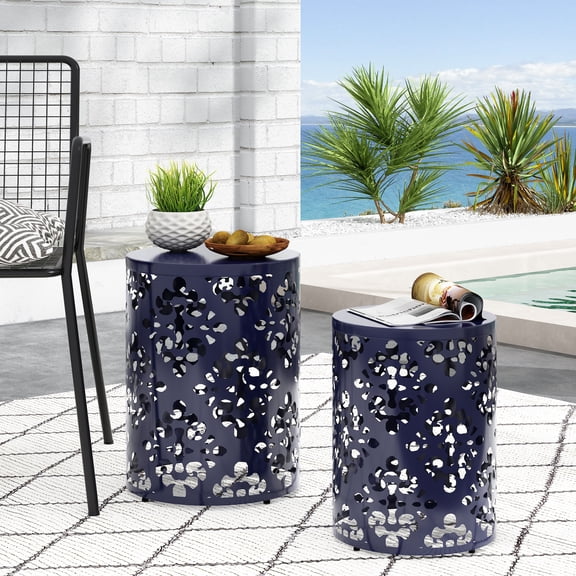 Patio Table, Metal S/2 end table, Navy Blue Outdoor Dining Table,Iron Folding Camping Table, Garden & Outdoor & Patio Furniture Outdoor Tables
