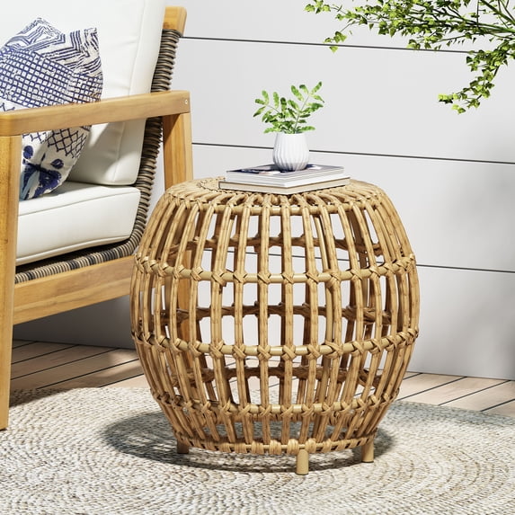 Patio Table, OTTAWA Side Table-Bohemian Faux Rattan Weave Accent Table for Indoor Outdoor Use, Handcrafted Round Side Table for Living Room, Patio, Garden,Light Brown Color, Outdoor Dining Table