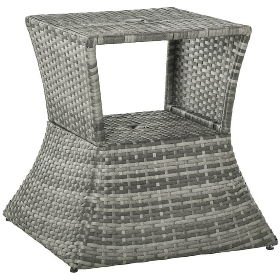 Patio Table, Rattan Wicker Side Table with Umbrella Hole, 2 Tier Storage Shelf for All Weather for Outdoor, Patio, Garden, Backyard, Mixed Grey, Grey Outdoor Dining Table,Folding Camping Table