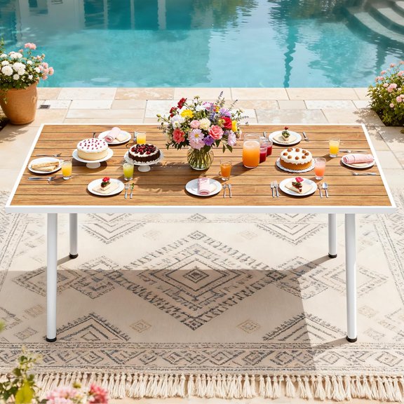 Patio Table Rectangle 59"x34.2" Outdoor Table with Umbrella Hole & Adjustable Feet Patio Dining Table for 6 All-Weather Outdoor Patio Table with Metal Frame for Lawn Garden Backyard