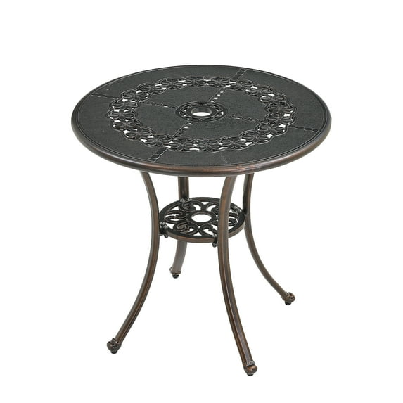 Mondawe 25 Inches Round Cast Aluminum Patio Dining Table with Umbrella Hole, Antique Outdoor Bistro Table Outdoor Side Table for Backyard, Garden, Patio, Porch, Bronze