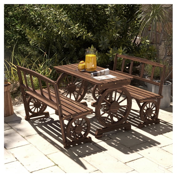 Patio Table and Chairs Set for 4, Wagon Wheel Outdoor Dining Set, Carbonized Pine Wood Furniture for Backyard, Garden, Rustic Style