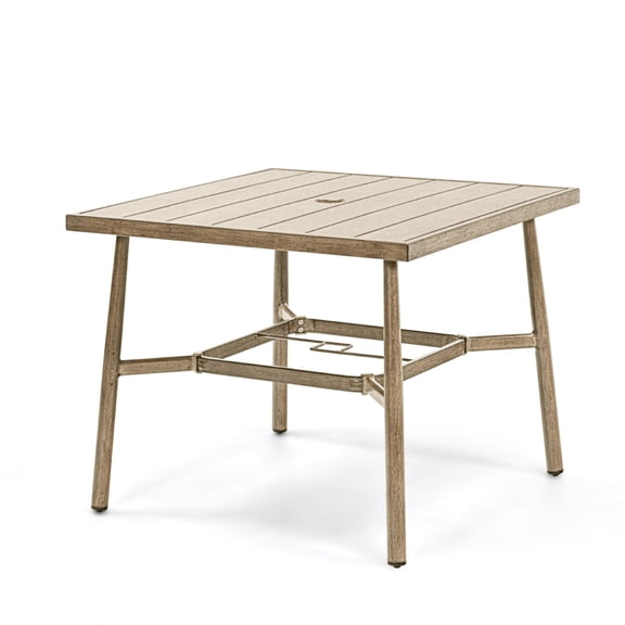 Patio Table for 4 Aluminum Outdoor Dining Table Square with Umbrella Hole Modern All Weather Table for Backyard Garden Deck Poolside, Brown