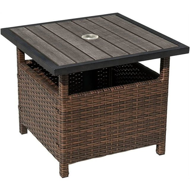 Patio Table with Umbrella Hole Small Outdoor Side Table All-Wather Faux Wicker Rettan Umbrella Stand, Brown