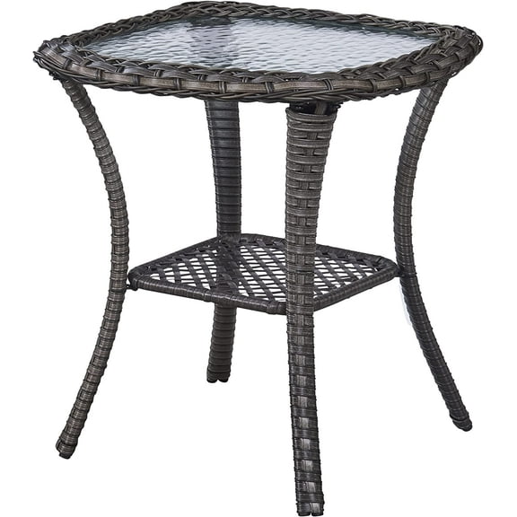 Patio Tables Wicker Side Table - Rattan End Table with Glass Top for Outdoor Outside Patio Porch Deck Square Brown