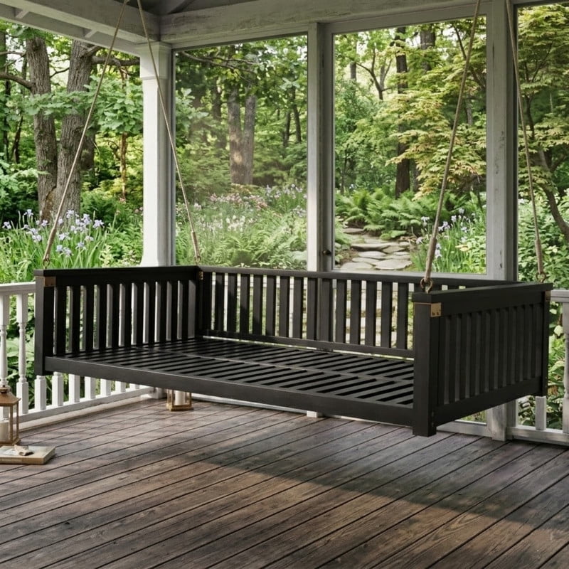 Patio Twin Size Garden Swing Bed, Wooden Porch Swing Frame with Ropes, Outdoor Hanging Swing for Garden, Backyard, Patio, Safe Sloped Design